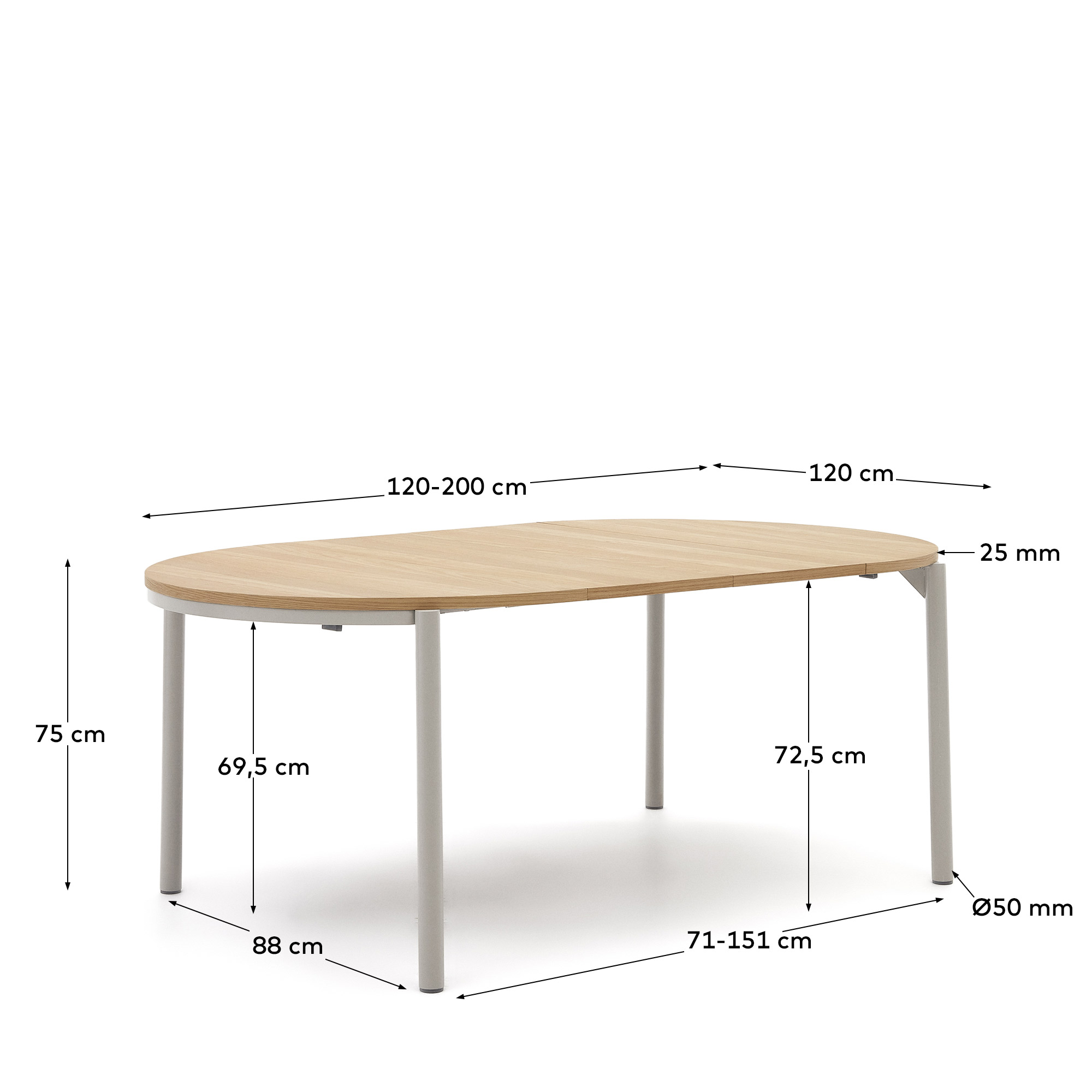 Стол обеденный La Forma Montuiri 120х120-200 раздвижной круглый дубовый шпон серые ножки 181499